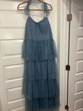 Dusty Blue Tiered Tulle Dress with Ruffle Straps